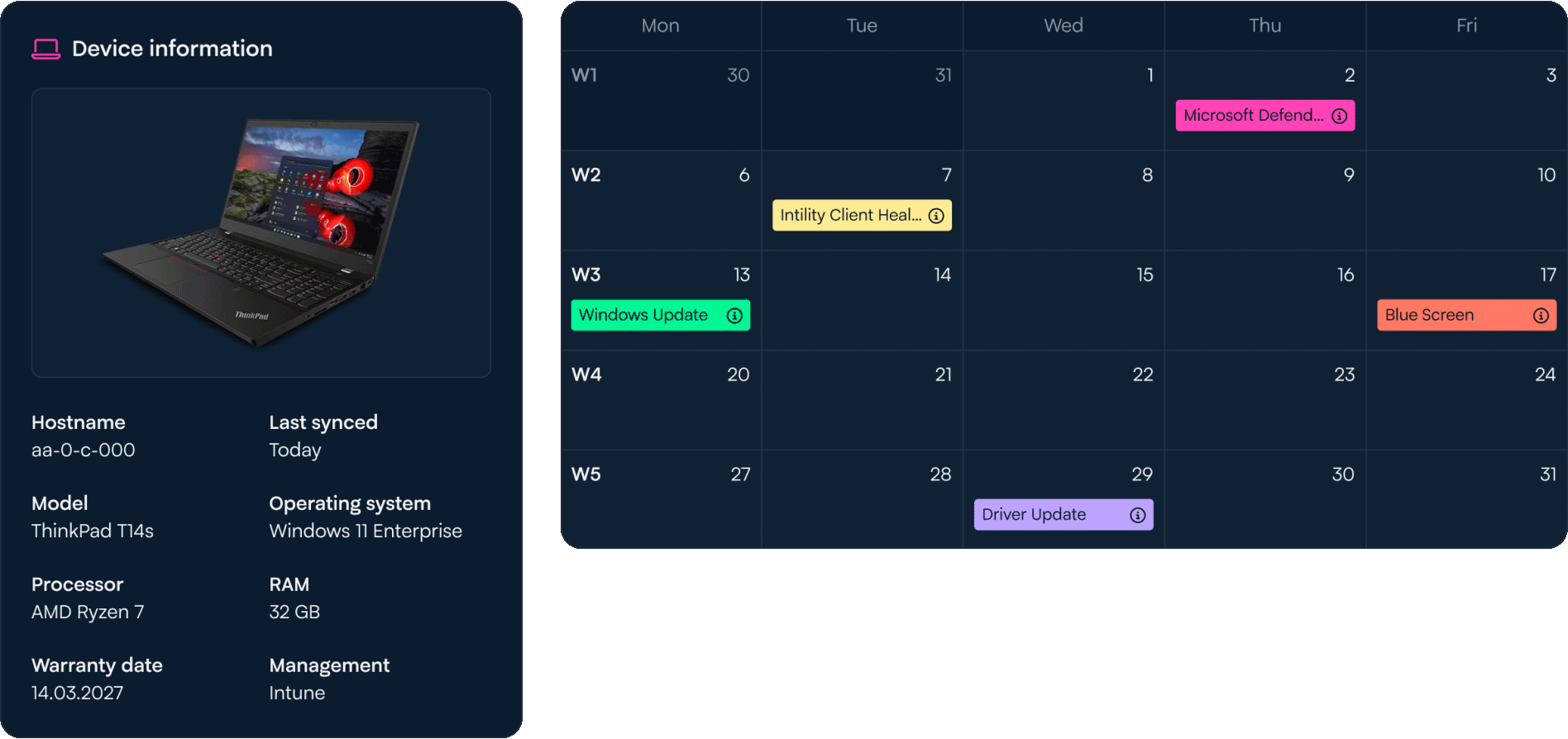 Calendar showing updates and device information for a ThinkPad laptop and a popup with Windows Update events and system health status.