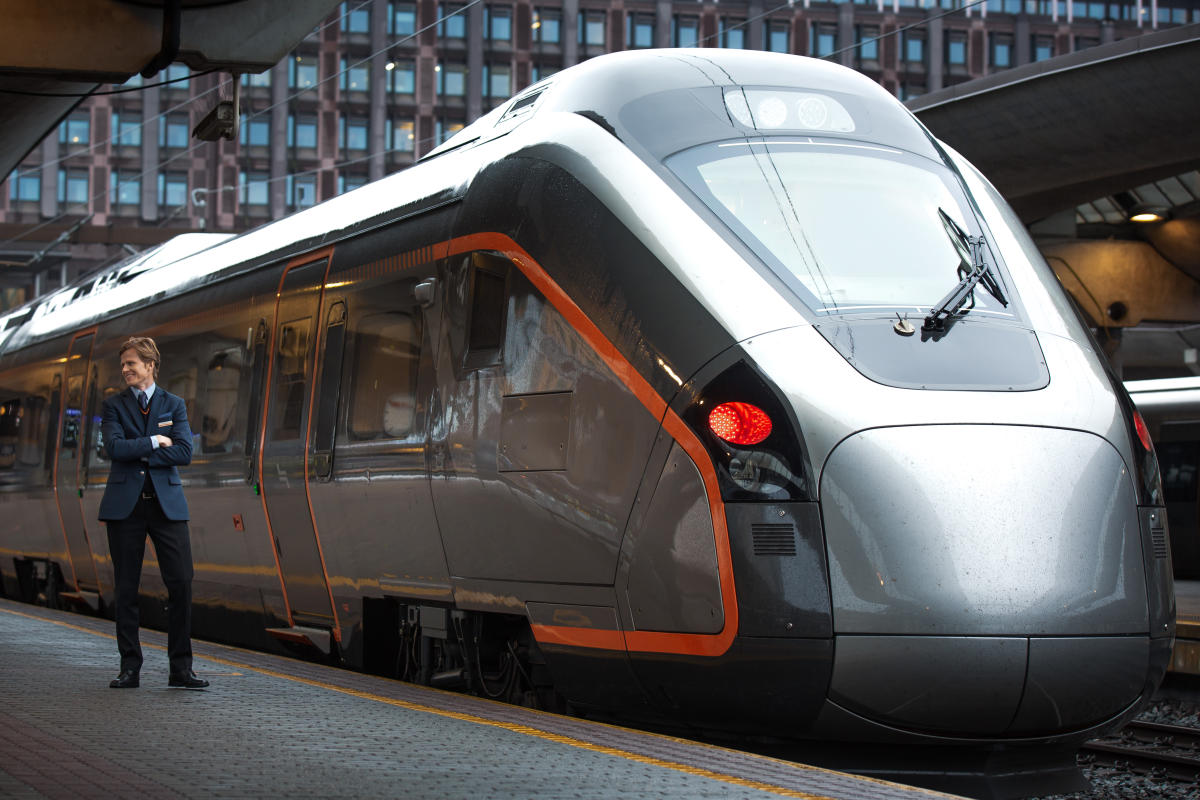 Airport Express Train stationed at Oslo Central Station.