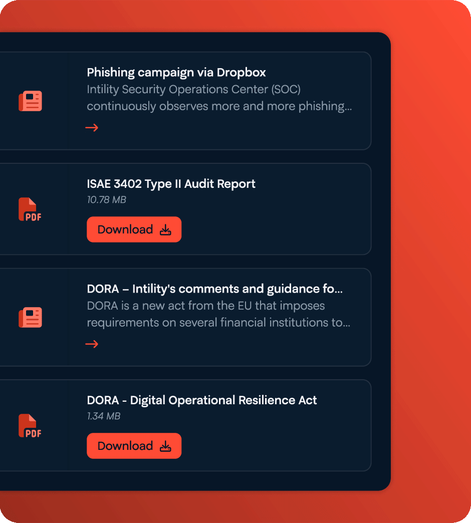 Information hub with articles and downloads, showing a popup about DORA compliance and guidance from Intility.