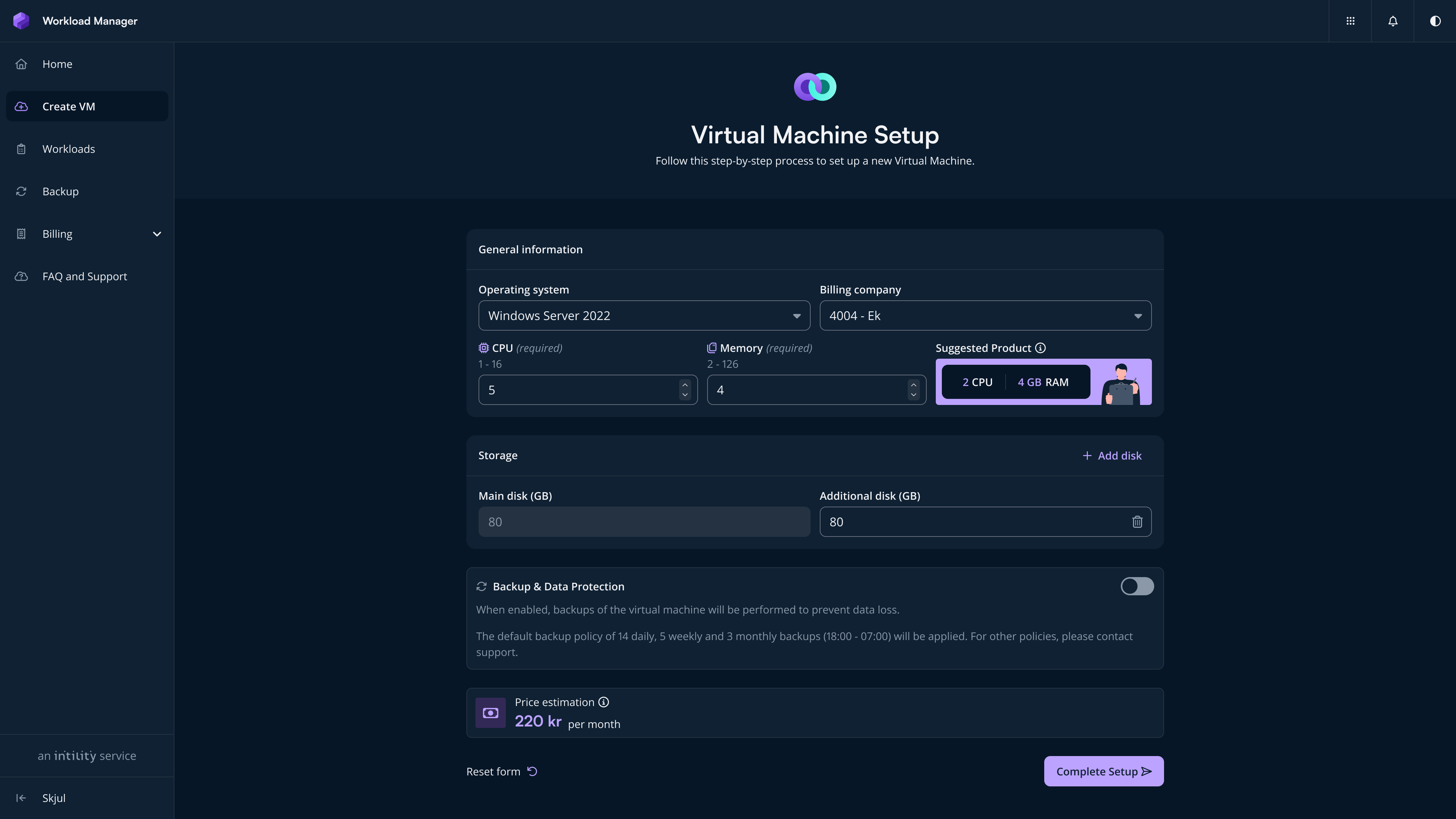 Virtual Machine Setup page with options for OS, CPU, memory, storage, backup, and price estimate.